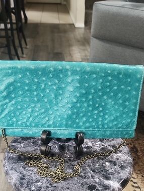 Etui Turquoise Ostrich-Texture Chain Strap Clutch. Amazing! Wonderful Condition.